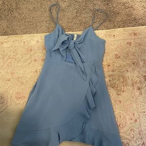 Red Dress Boutique Dusty Blue Tie Front Strap Dress, Ruffle detail, Size S